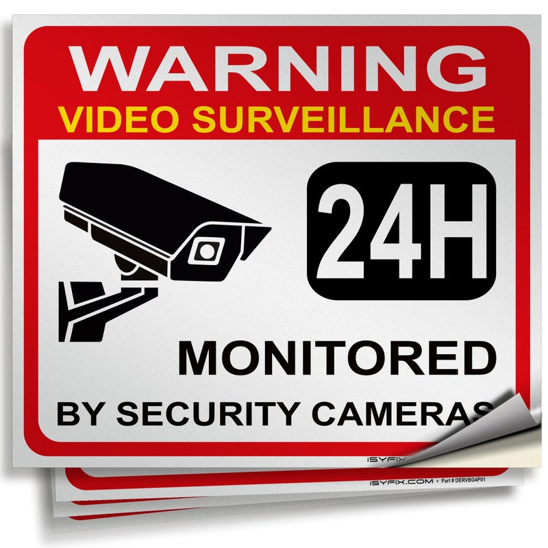 iSYFIX Video Surveillance Warning Sign Sticker - 4 Pack 7x6 inch - CCTV Security Premium Self-Adhesive Reflective Vinyl, Laminated for Ultimate UV Protection, Water & Fade Resistance, Indoor & Outdoor - Image 1